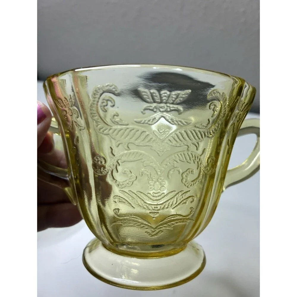 Federal Madrid Depression Amber Yellow Glass Open Sugar Bowl Dish Vintage